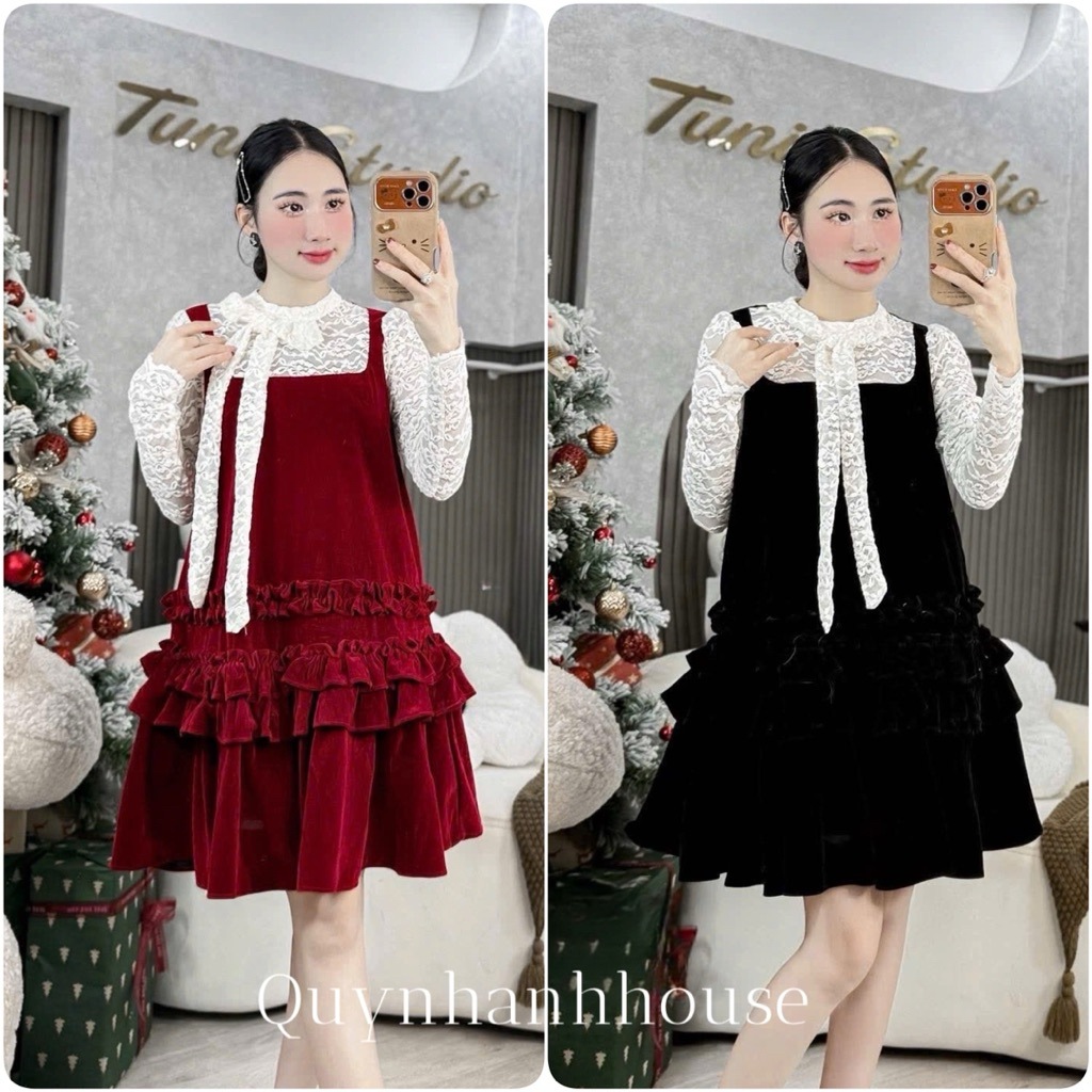 (NH CLOTHING)Váy suông Quynhanhhouse Váy nhung phối ren M214 sm