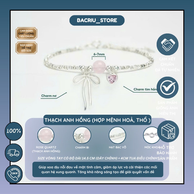 VÒNG TAY BACRIU BB100 đá tự nhiên charm nơ xinh xắn lắc tay bạc S95 cao cấp quà tặng bạn gái BACRIU 