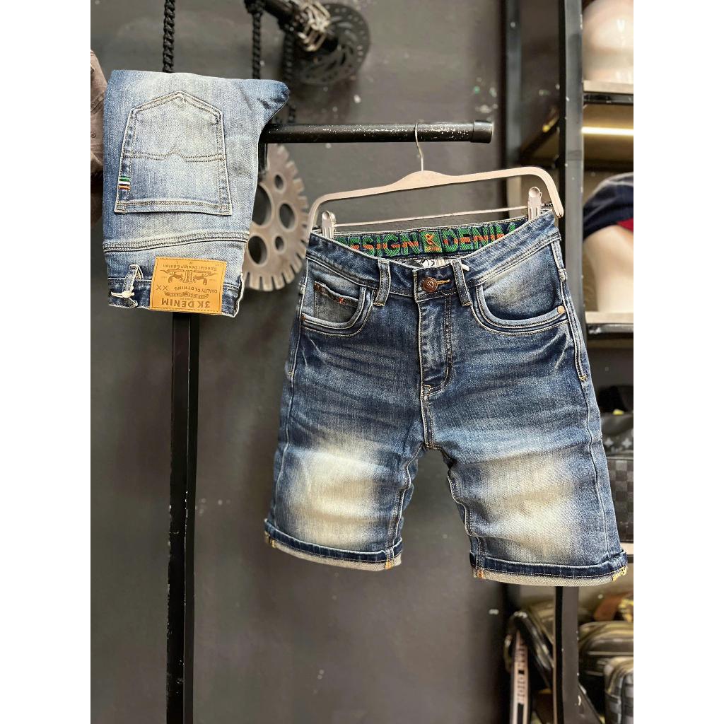 [3K DENIM Short-2256] Quần Short Jean Nam Màu Xanh Nhạt Was Phủ Túi Thêu Chất Denim Mẫu Mới QS2104