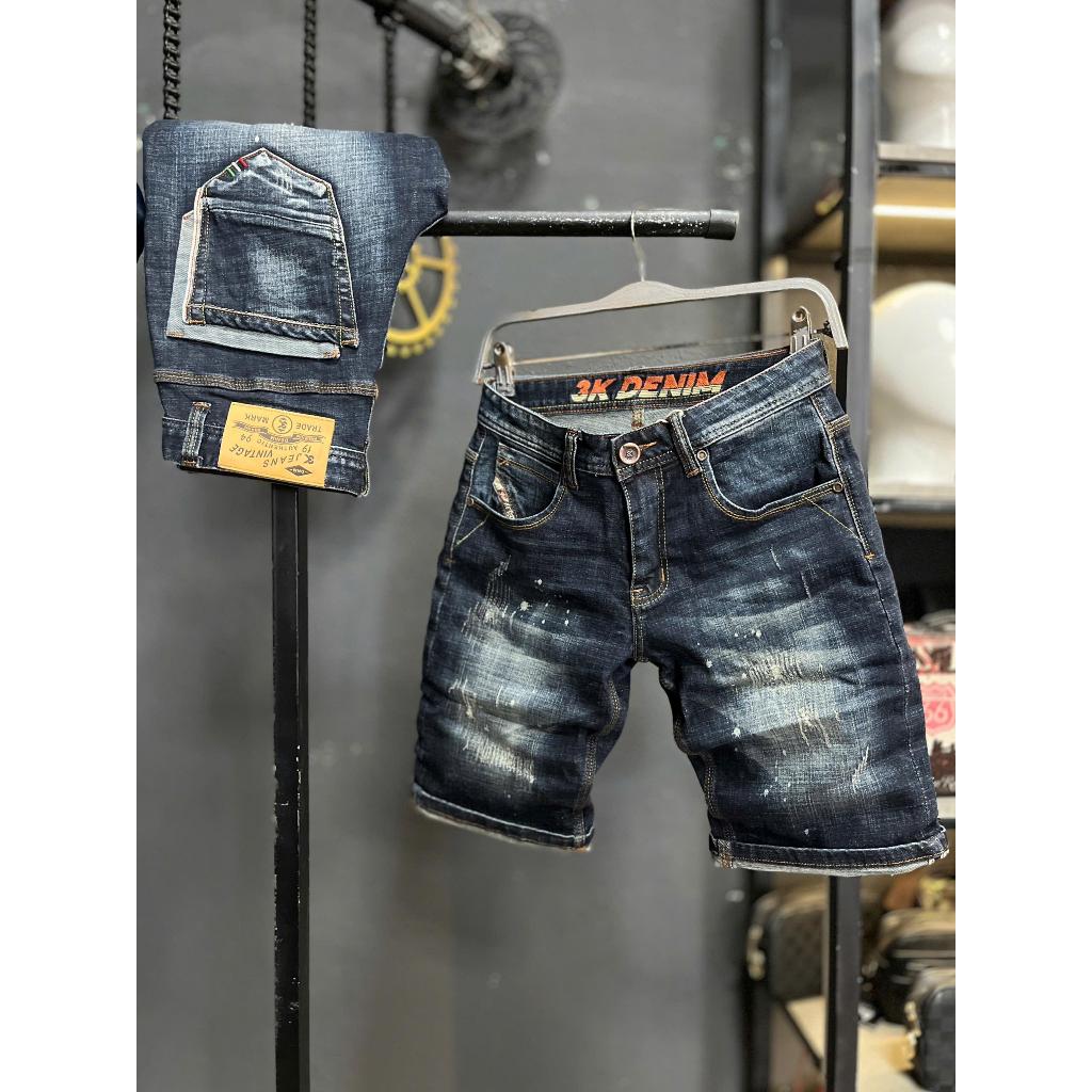 [3K DENIM Short Denim Guangzhou-S1] Quần Short Jean Nam Màu Xanh Was Cào Nhẹ Phun Sơn Chất Denim Mẫu