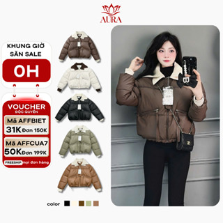  Áo phao nữ dáng ngắn form rộng vải da PU Phối vạt cổ thời trang Áo khoác phao nữ mùa đông 202 