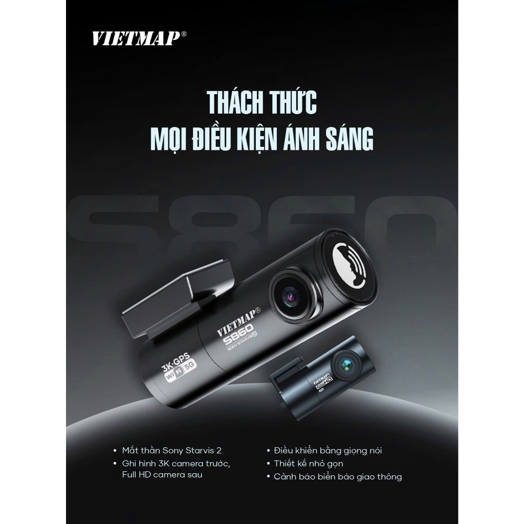 CAM HÀNH TRÌNH VIETMAP S860 3K TRƯỚC SAU , KÈM THẺ NHỚ 64G ( Tặng vietmap live pro 6 tháng)