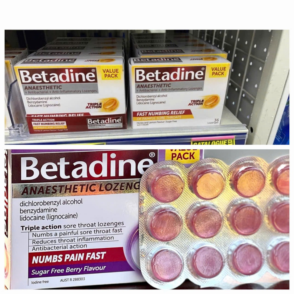 Kẹo ngậm , nước súc họng Betadine ÚC vị chanh mật ong và berry