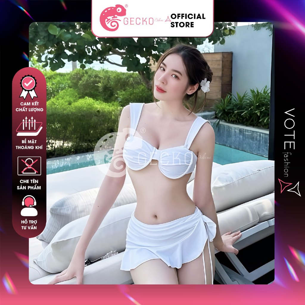 Combo 3 Món Bikini GECKO Áo Gọng Cúp Ngực Phối Chân Váy 4CB24-A (Ảnh Thật, 3 Món)