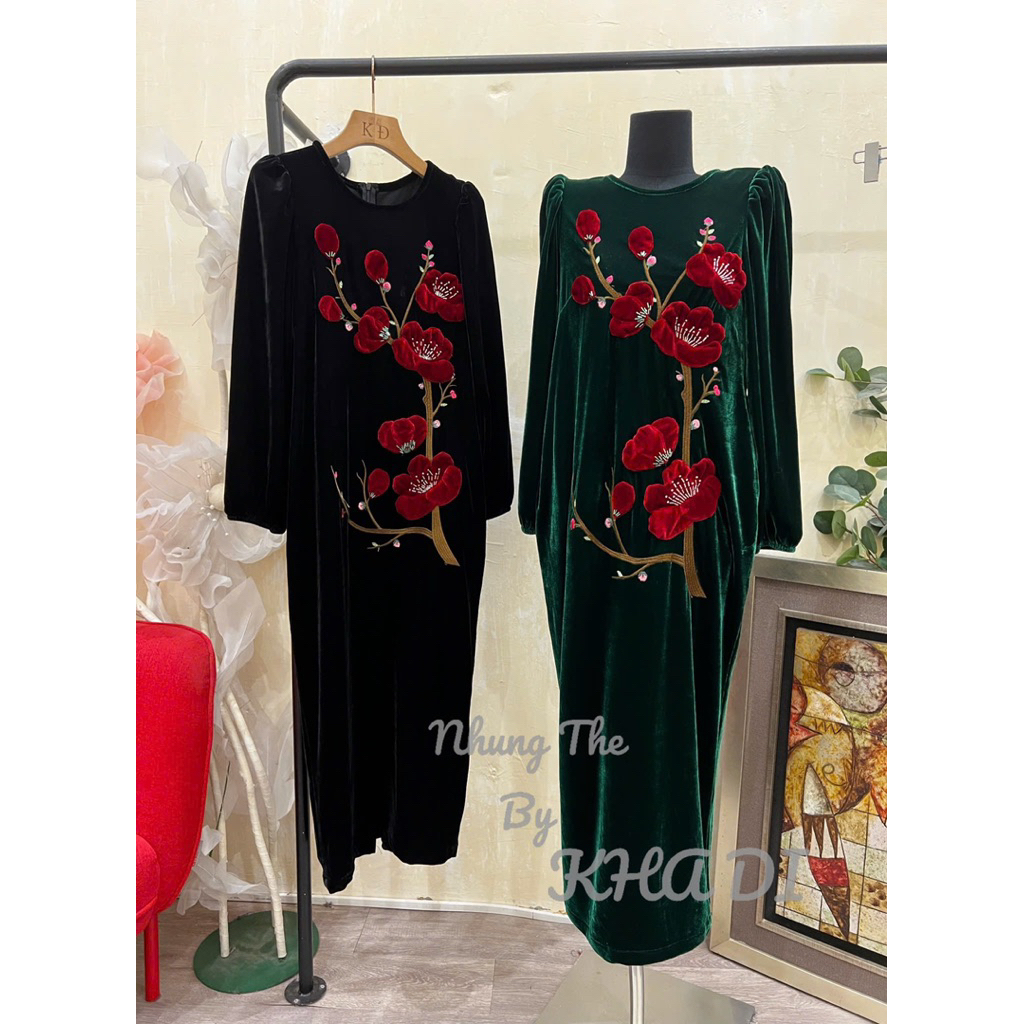 Váy nhung the chun dài tay thêu hoa siêu sang, sẵn 2 màu đen, xanh rêu