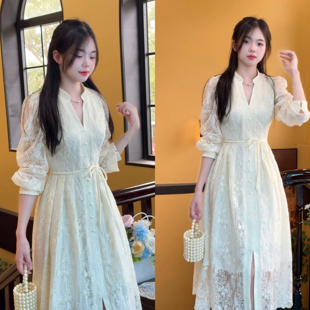 HD store - Váy ren thiết kế dáng dài cúc giữa