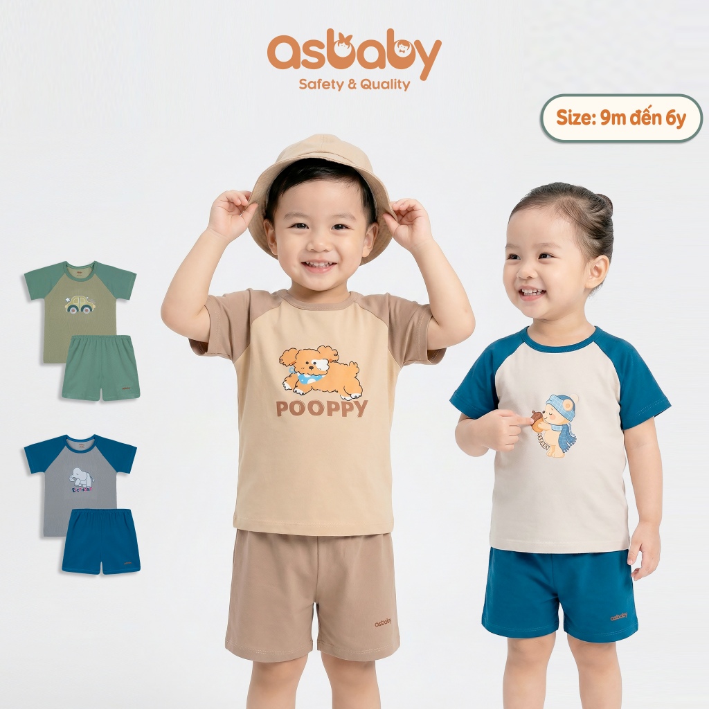 Bộ cộc tay trẻ em Asbaby,vải Poly lạnh thoáng mát,co dãn 4 chiều,bé trai,bé gái 9 tháng đến 6 tuổi
