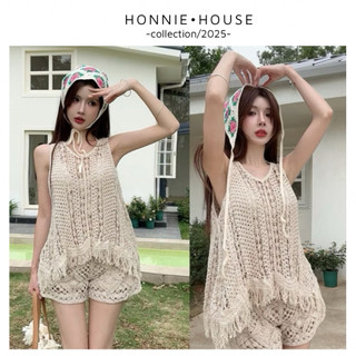 Set bộ đồ ren đi biển phong cách dễ thương gồm 2 món áo ba lỗ tua rua kèm quần sooc