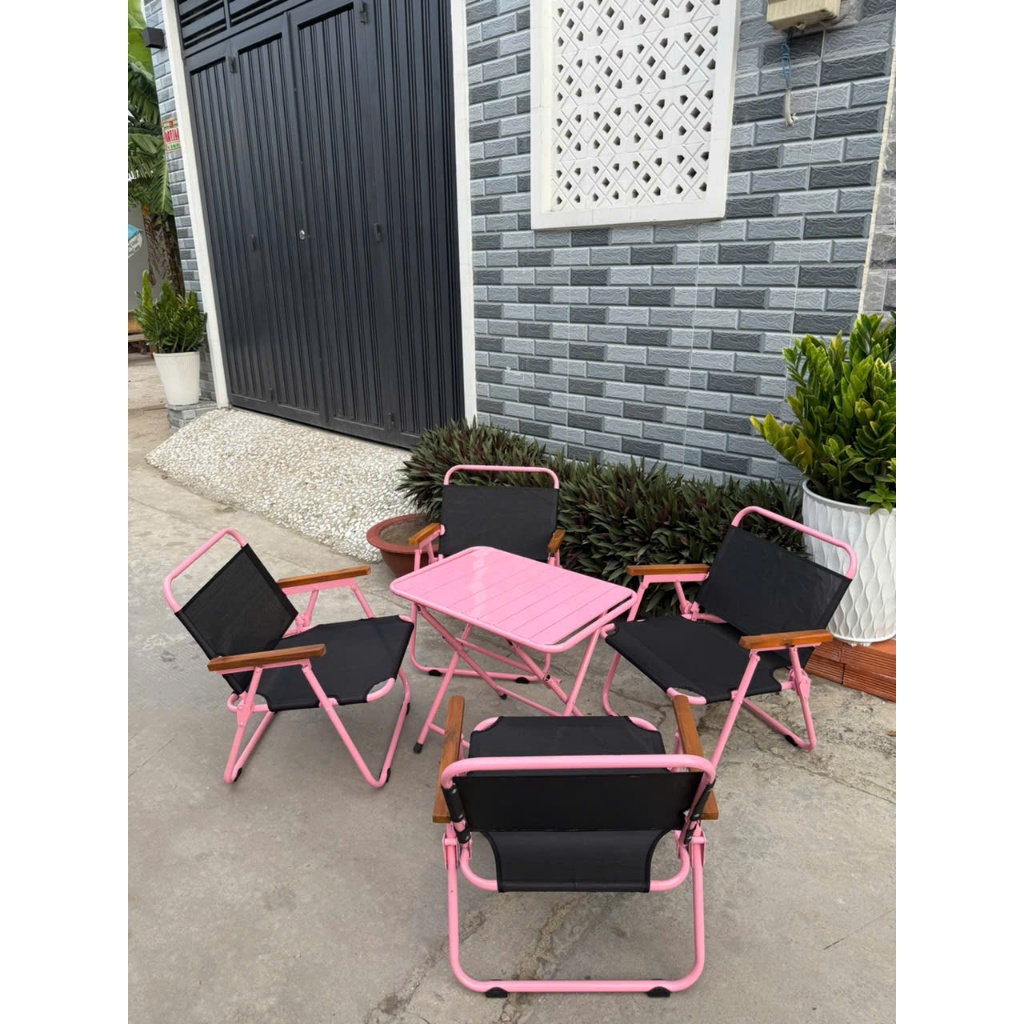 COMBO 1 bàn sắt thanh lá, 2 ghế camping khung tròn lưới textilen,bàn ghế cafe,bàn ghế camping, du lị