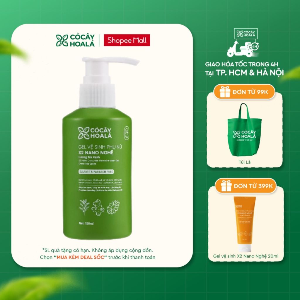 [HỎA TỐC] Dung Dịch Vệ Sinh Cỏ Cây Hoa Lá Gel x2 Nano Nghệ Hương Trà Xanh Làm Sạch 150ml