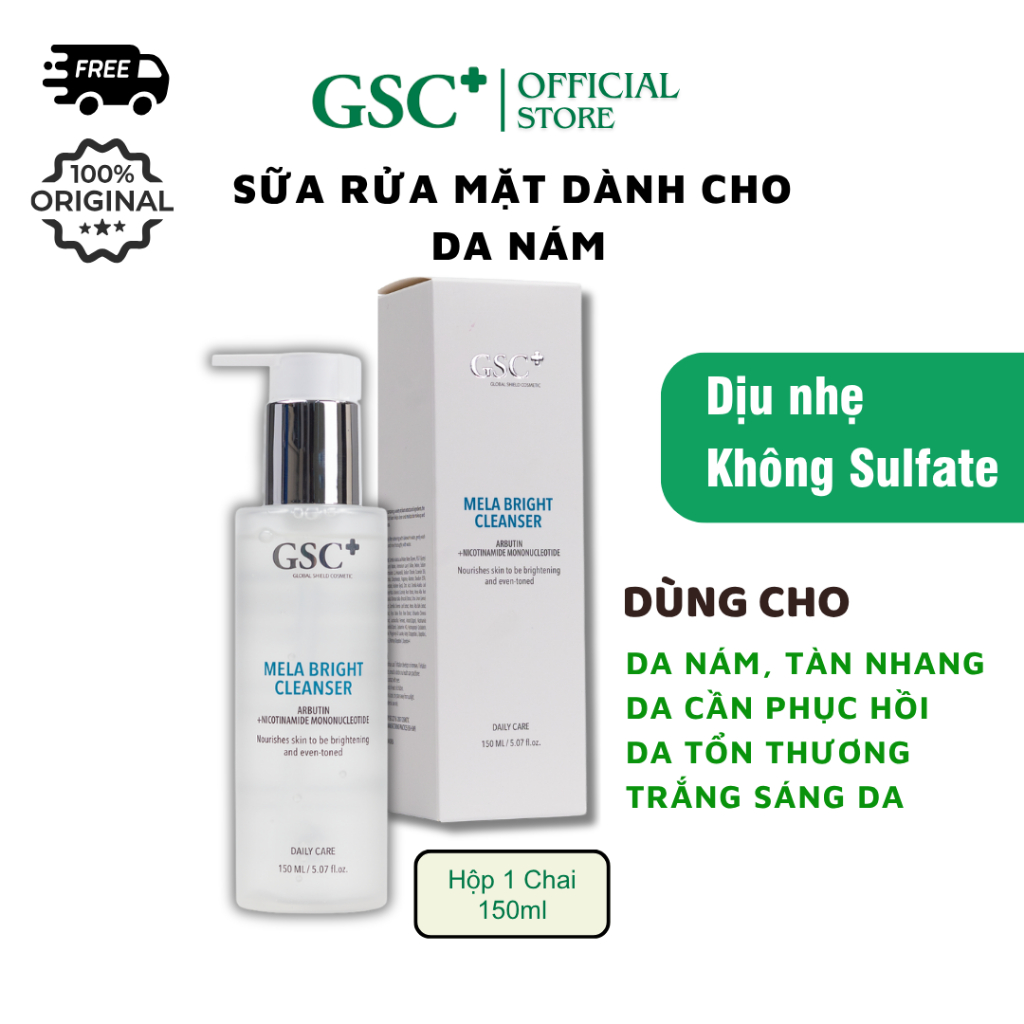 Sữa mặt da nám GSC dịu nhẹ, làm sáng, phục hồi, da mỏng yếu GSC Mela Bright Cleanser 150ml Chính hãn