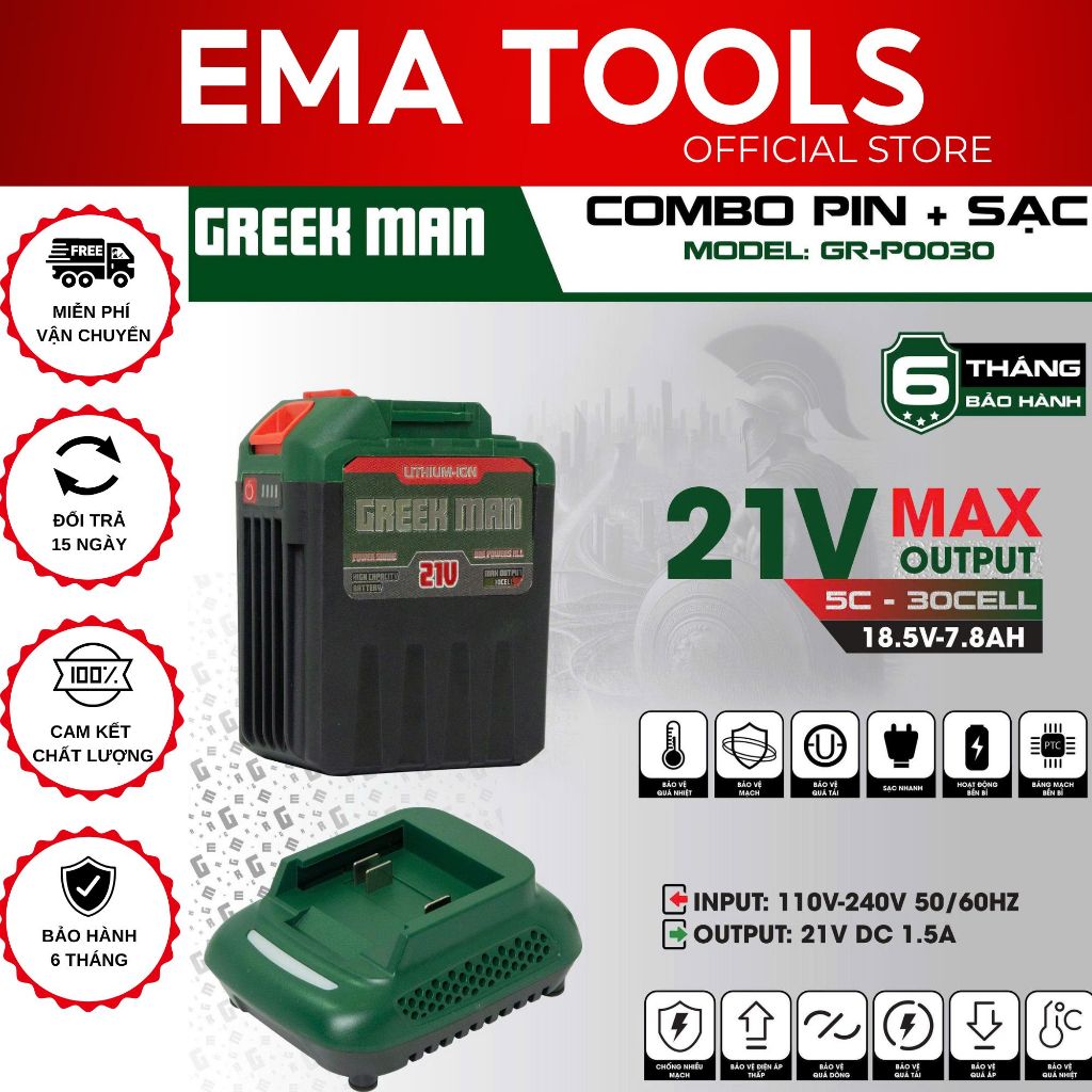 Combo Pin 30 Cell Chính Hãng GREEKMAN GR-P0030 Kèm Sạc - Dung Lượng Cao Mạch 8 mosfet - chân pin phổ
