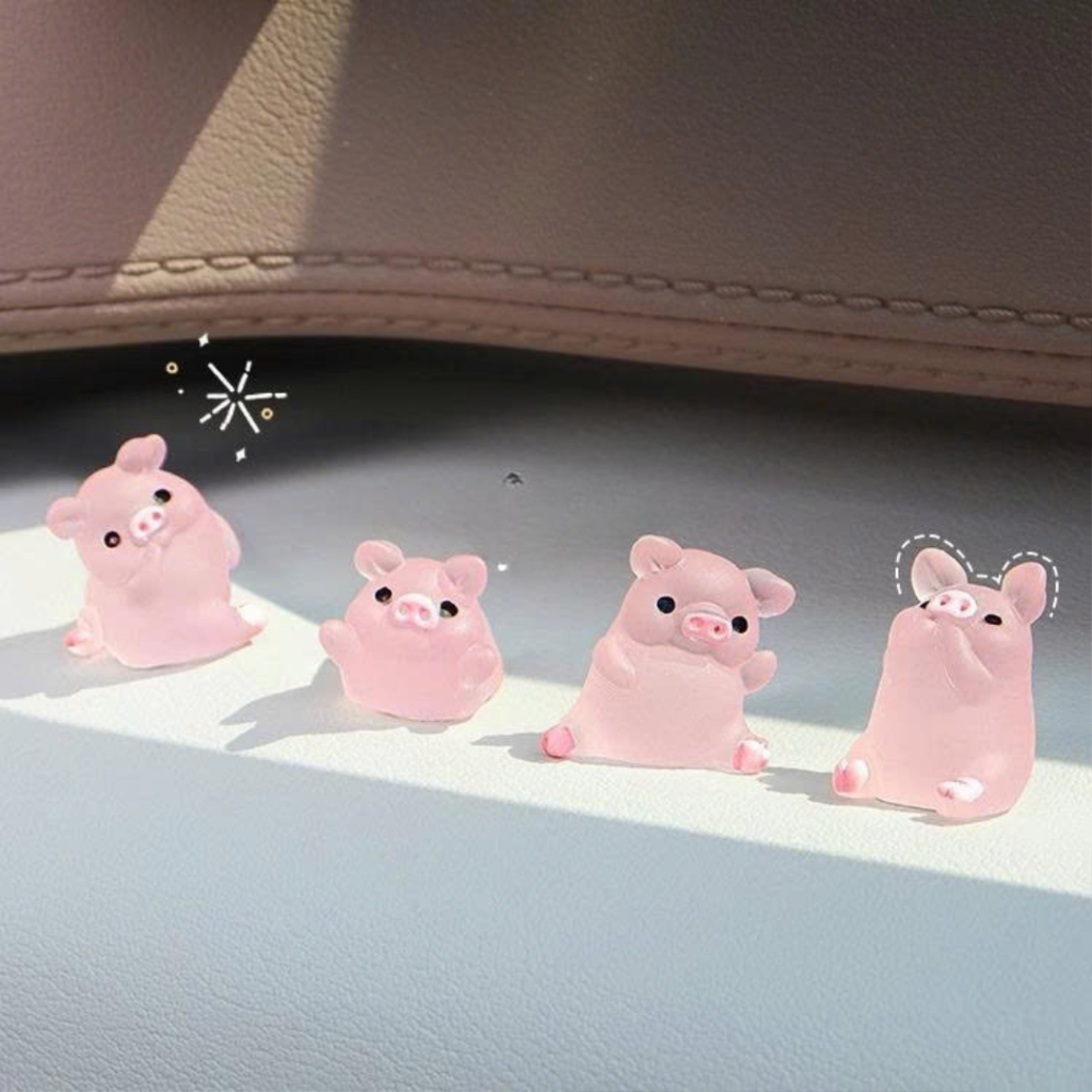 Set heo hồng mini cute trong suốt mix hoa đan len decor máy tính, xe hơi, xe máy