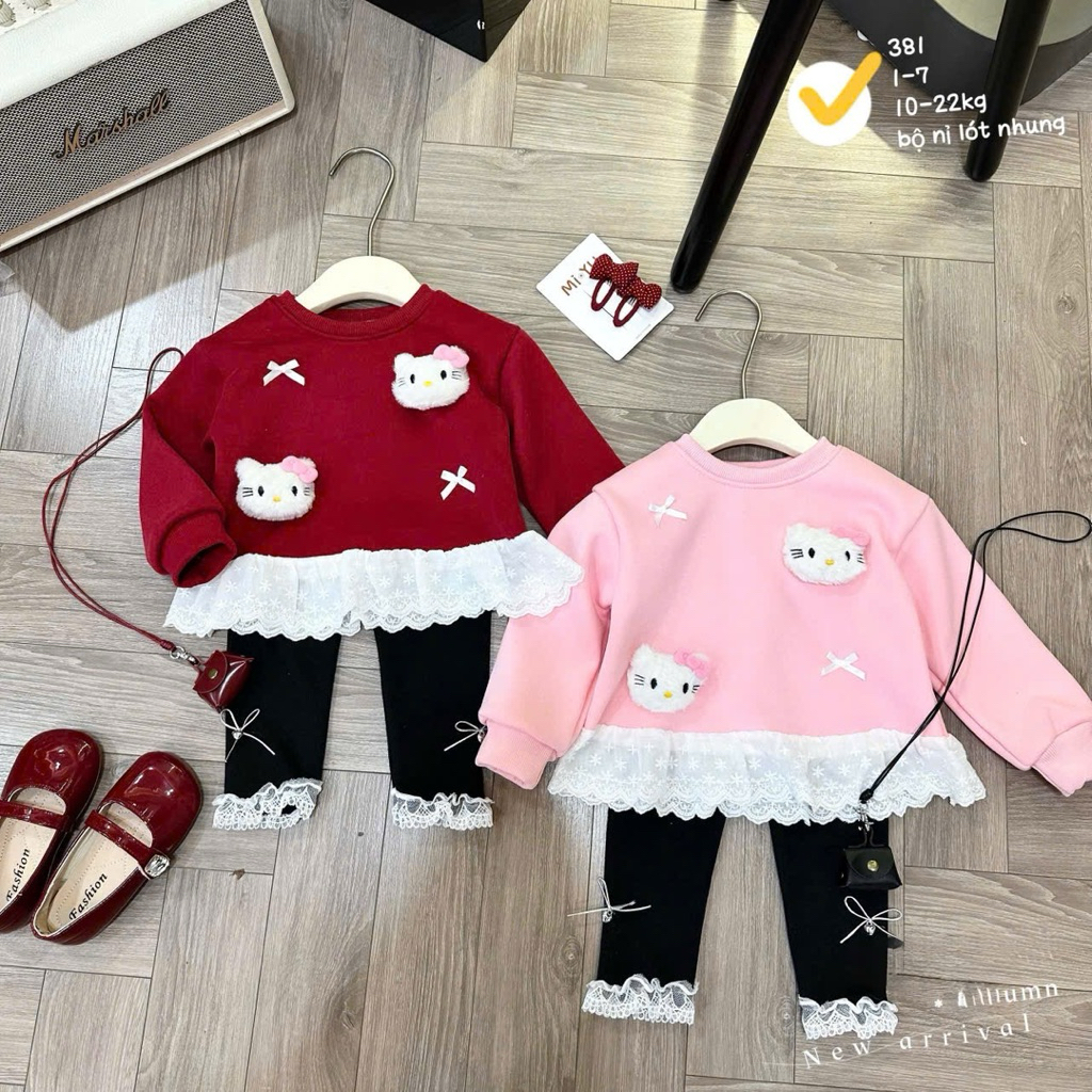 G840 - BỘ BÉ GÁI NỈ LÓT NHUNG KITTY NỔI PHỐI REN