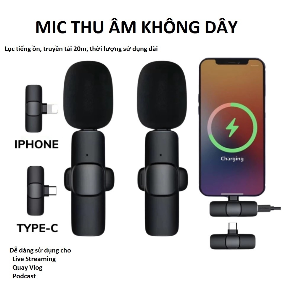 Micro thu âm cài áo không dây M20, lọc tiếng ồn, thu âm, livestream, quay video cho điện thoại