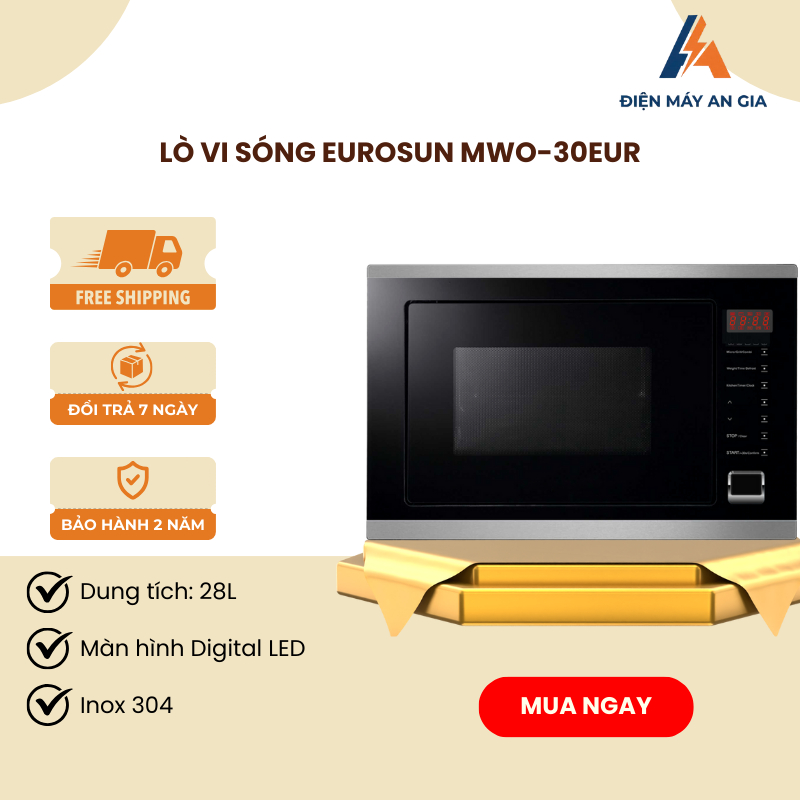 Lò Vi Sóng Eurosun MWO-30EUR – Kính Đen Sang Trọng – 5 Cấp Độ – 2 Chương Trình Kết Hợp Vi Sóng- PEB