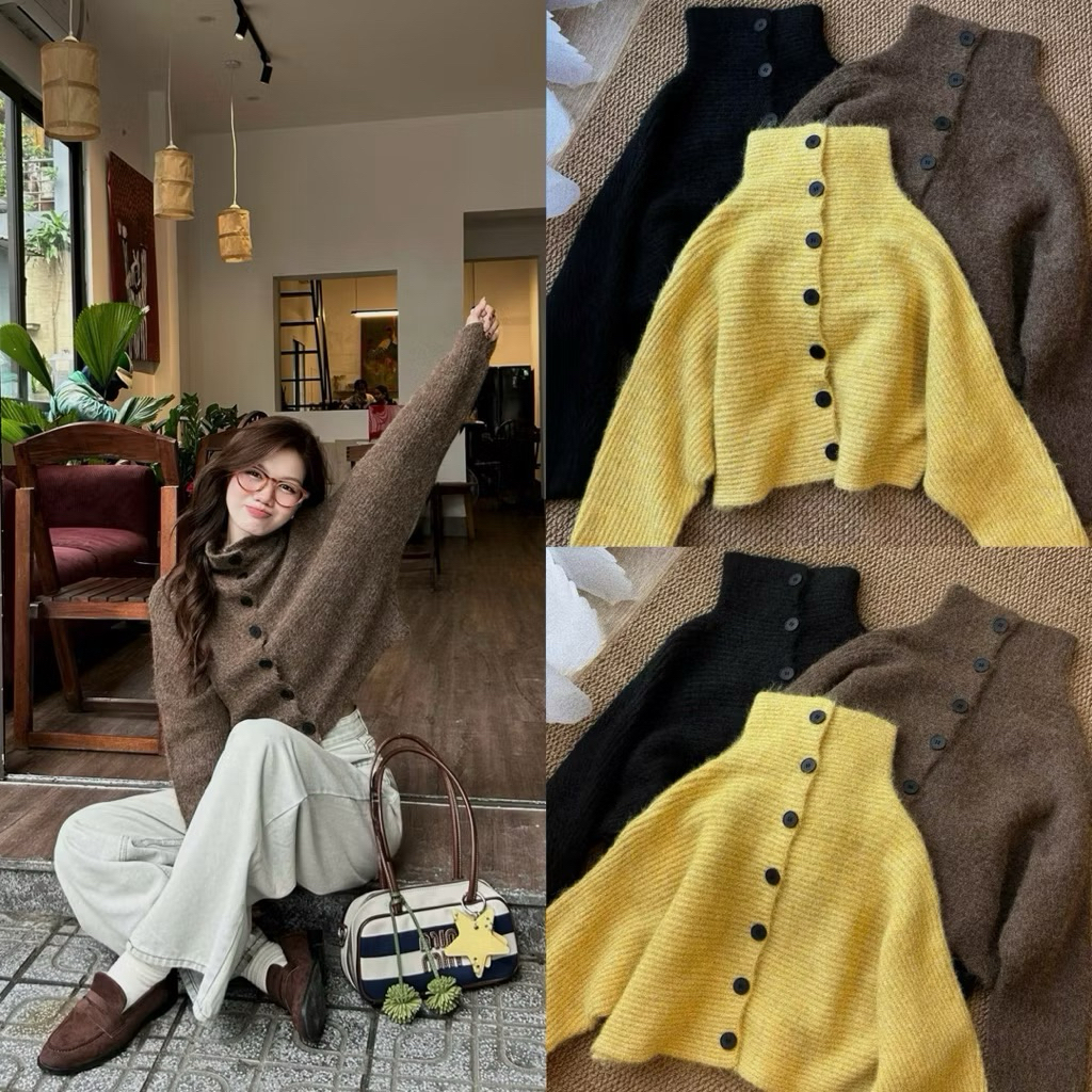 [Hàng Qc loại 1]Áo Len Lông Thỏ Dáng Cropto Cúc Dọc Cổ Cao”Velvet Yarn“style Ulzzang siêu xinh-Dành Cho Nữ | BigBuy360 - bigbuy360.vn
