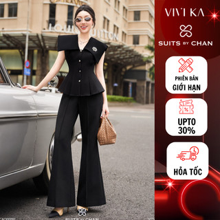  Set đồ kiểu nữ Peggy SUITS BY CHAN combo áo cổ V quần ống loe kaki thiết kế sang trọng đi làm dự tiệc đi chơi tết 