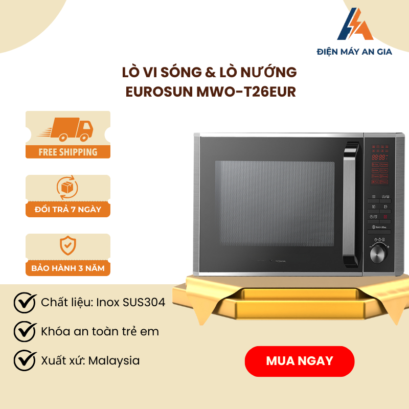 Lò Vi Sóng Eurosun MWO-T26EUR – 28L – Hẹn Giờ Thông Minh– Cửa Kính Cách Nhiệt An Toàn – PEB