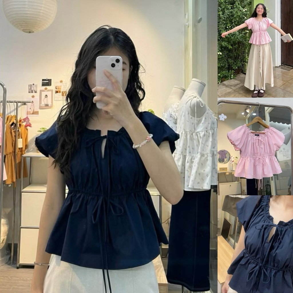 Áo kiểu babydoll cho nữ rút dây tuỳ chỉnh màu hồng màu xanh xinh DZ94