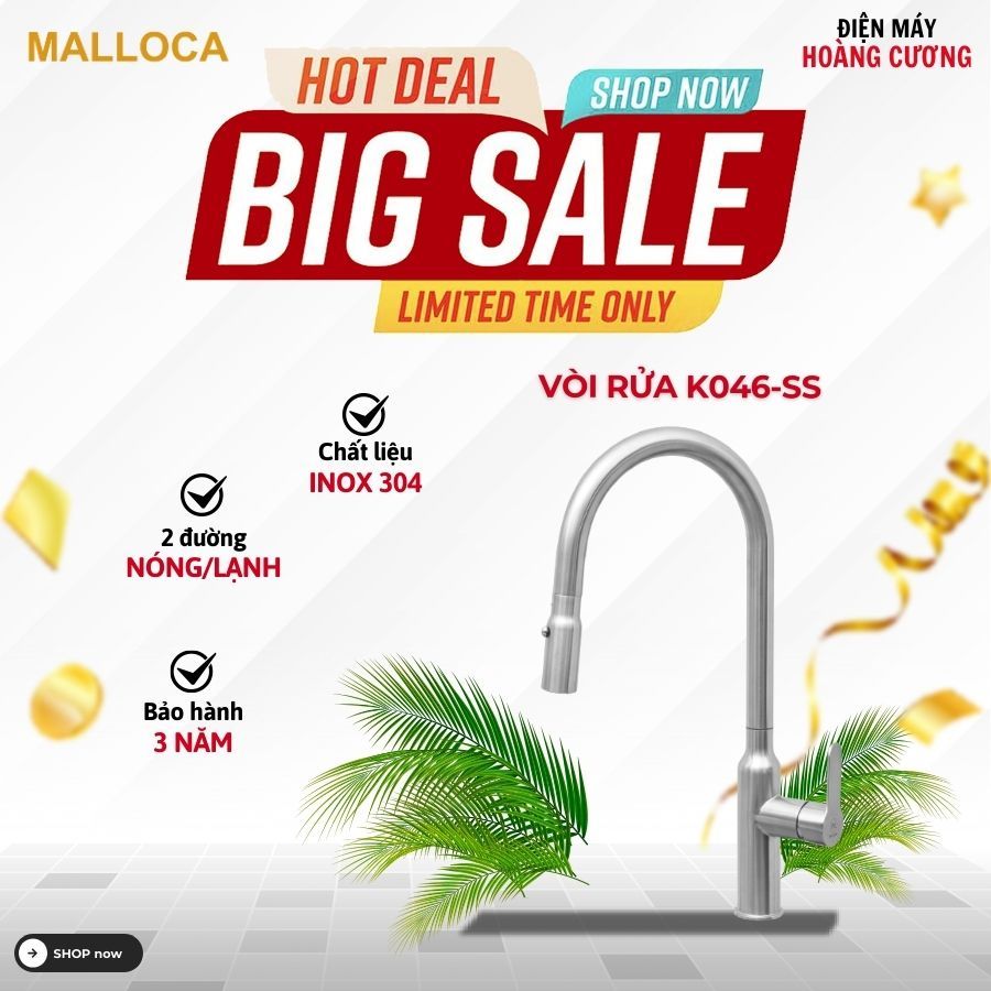 Vòi rửa chén Malloca K046-SS có dây rút - Vòi Rửa Chén Inox Sang Trọng, Đầu Xả Mạnh