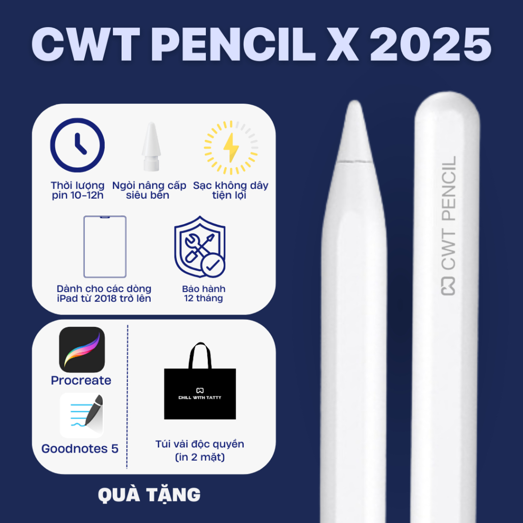 Bút cảm ứng CWT pencil X hỗ trợ sạc không dây - Cảm ứng nét thanh nét đậm