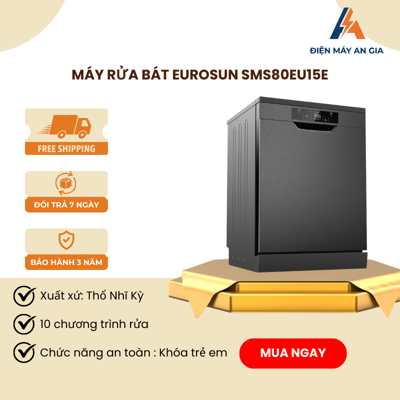 Máy rửa bát Eurosun SMS80EU15E 14 bộ, Đen, Kích thước 598x850x598mm