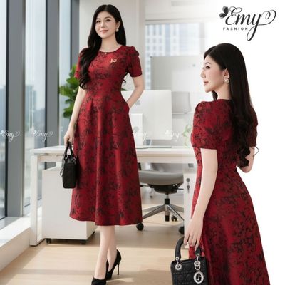Đầm Dáng Xòe Trung Niên Thiết Kế EMY EM7517 Hoa Vân Chất Gấm Taffta Sang Chảnh Thanh Lịch