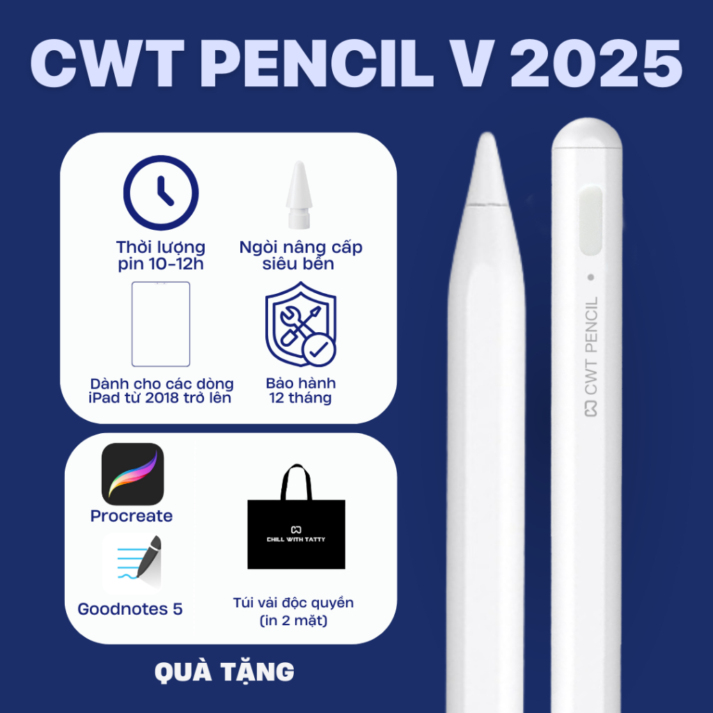 [QUÀ 700K] Bút Cảm Ứng CWT PENCIL V 2025 cho các dòng máy tính bảng, hỗ trợ sạc nhanh