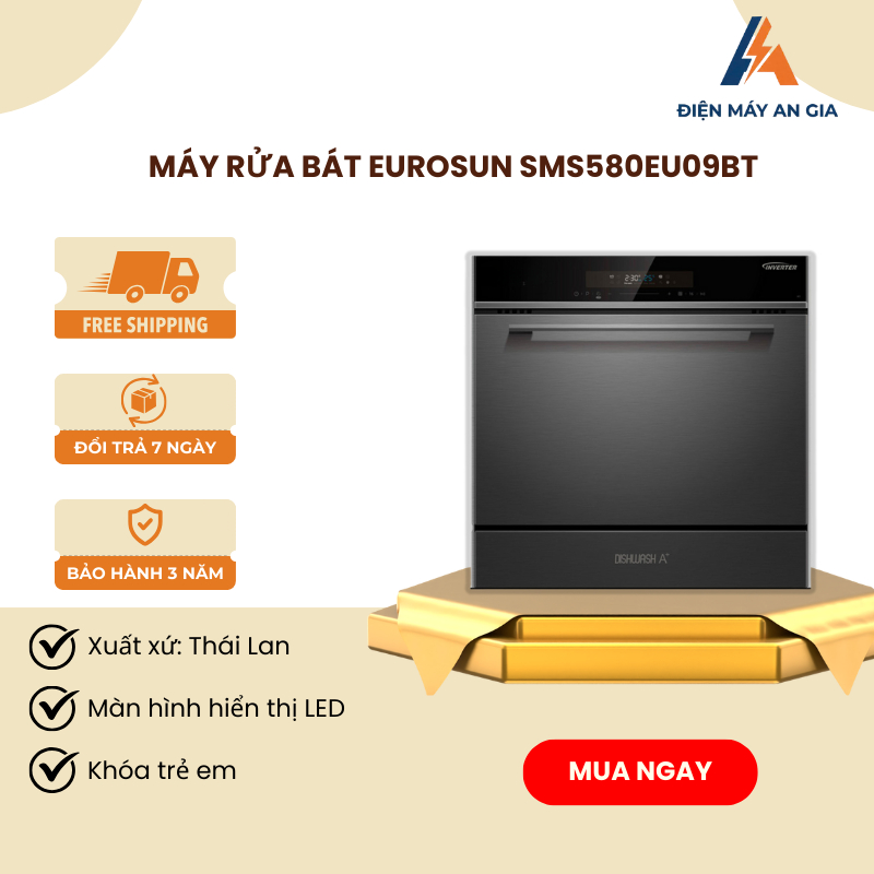 Máy Rửa Chén Eurosun SMS58EU09BT –  Cảm Ứng Kỹ Thuật Số – Chống Bám Bẩ – Chất Liệu Inox 304 - PEB