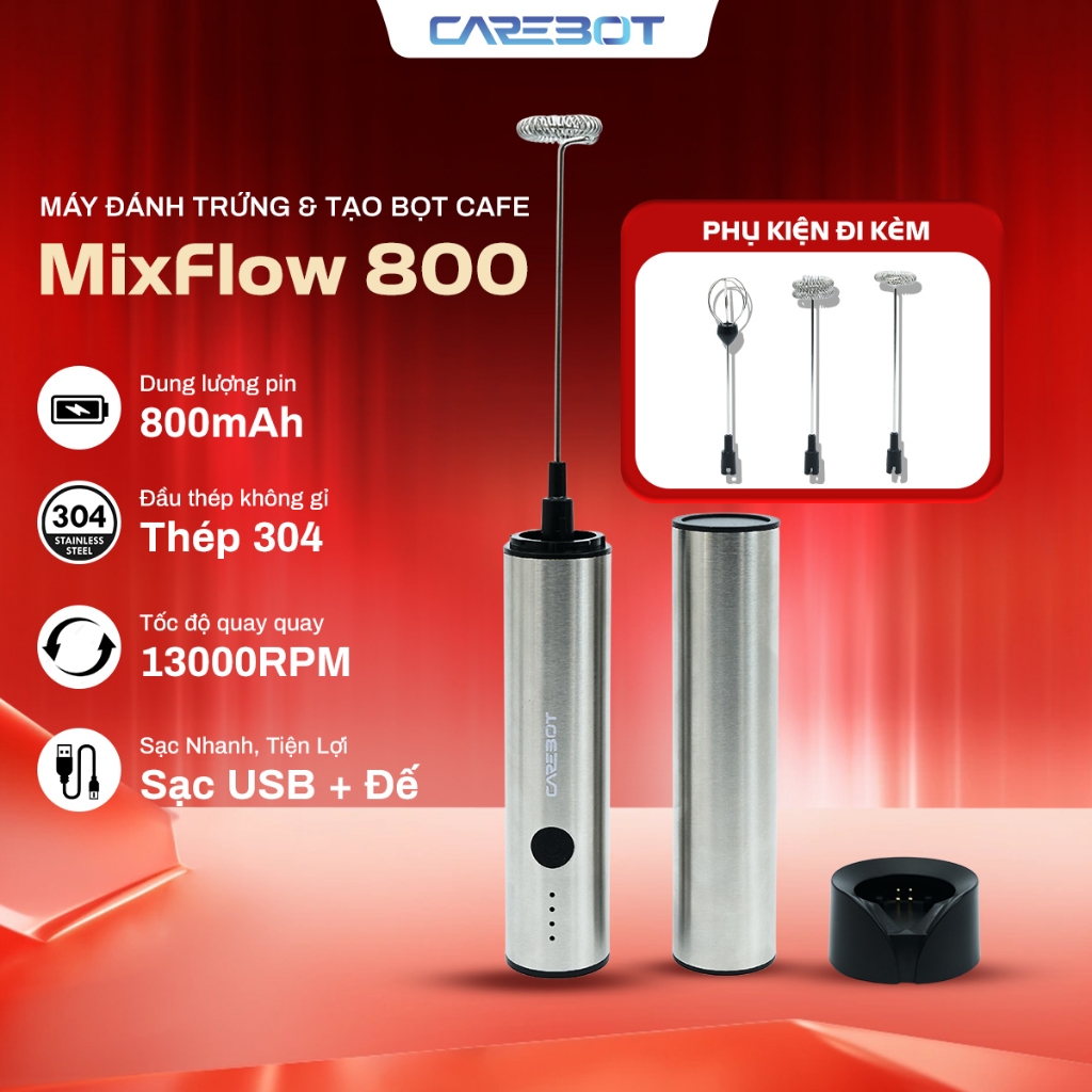 Máy Đánh Tạo Bọt Cafe CareBot MixFlow 800 - Đánh Trứng Kem Sữa Đa Năng 3 Tốc Độ, Sạc Kép Đế & USB