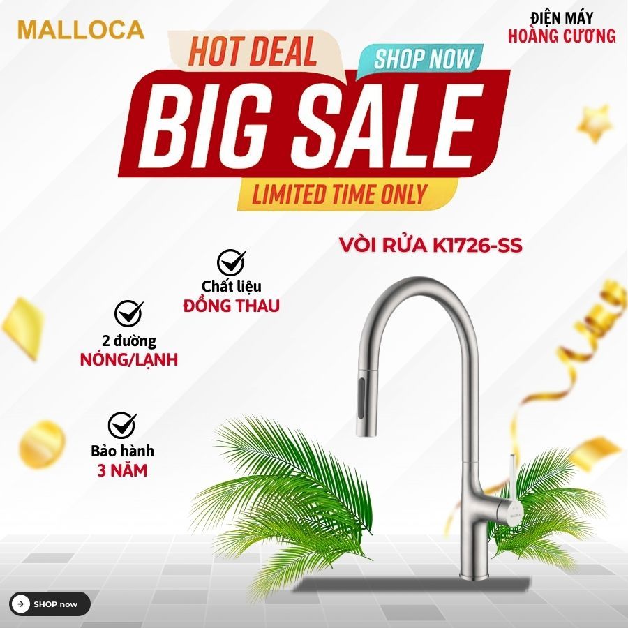 Vòi Rửa Chén Bát Inox Malloca K1726-SS - Phun Mạnh, Xoay Linh Hoạt, Bảo Hành 3 Năm