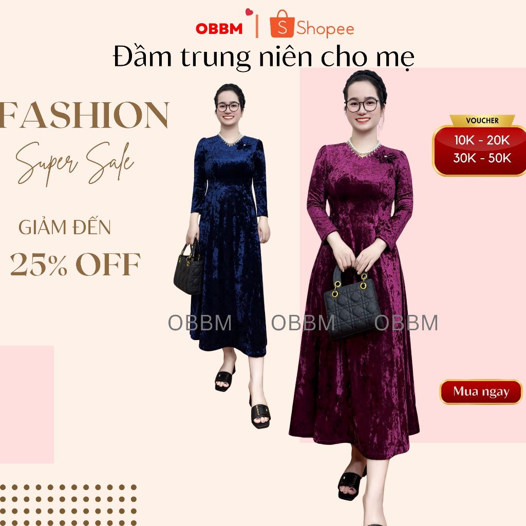 Đầm nhung trung niên cho mẹ, đầm nhung mềm mại cho mẹ mặc ở nhà hay đi chơi ms903