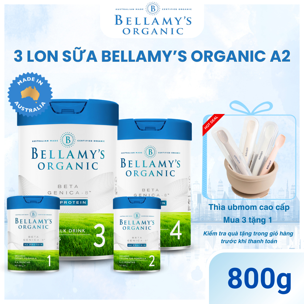 Bellamy Organic A2 800g đủ số, 3 lon sữa bột hỗ trợ tăng cân, tăng sức đề kháng - BELLAMY'S ORGANIC