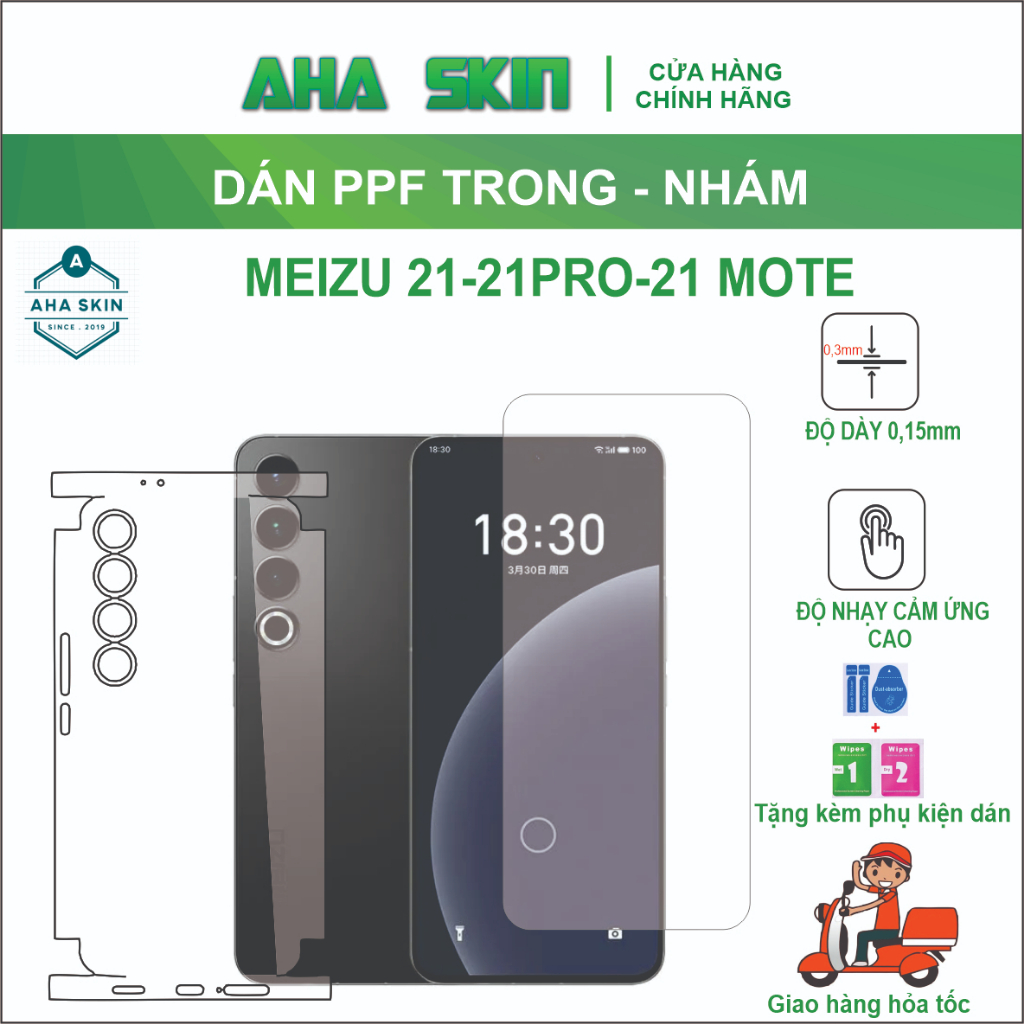 Miếng dán PPF full lưng viền Meizu 21/21Pro/21note trong nhám, Chống trầy xước