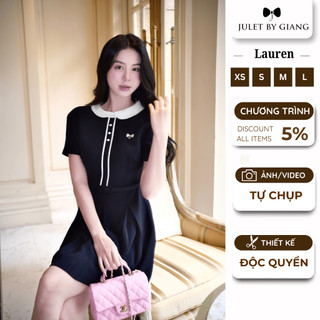   SẴN HÀNG  Váy đầm liền nữ thiết kế xinh Juletbygiang Lauren dáng tiểu thư màu xanh than họa tiết sọc trắng 