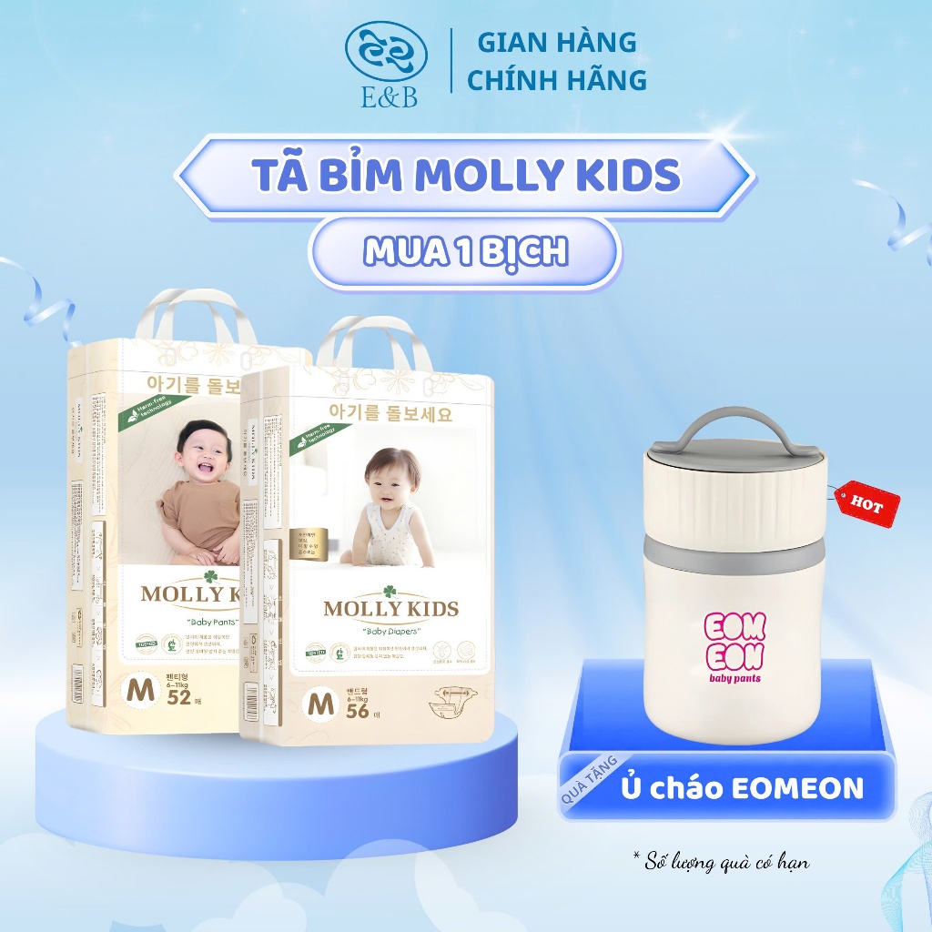 [CHÍNH HÃNG MUA 1 TẶNG 1 BÌNH Ủ CHÁO ] Tã Bỉm MOLLY KIDS Công Nghệ Hàn Quốc Thấm Hút Tốt, Chống Hăm,