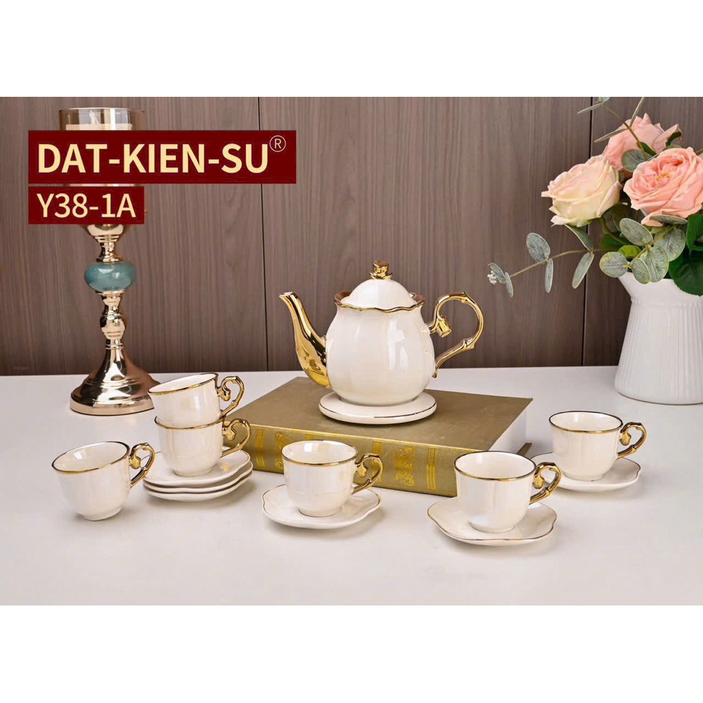 Bộ ấm chén uống trà/ bình ly uống trà sứ trắng hoa xanh men ánh ngọc trai cao cấp quà tặng luxury tâ