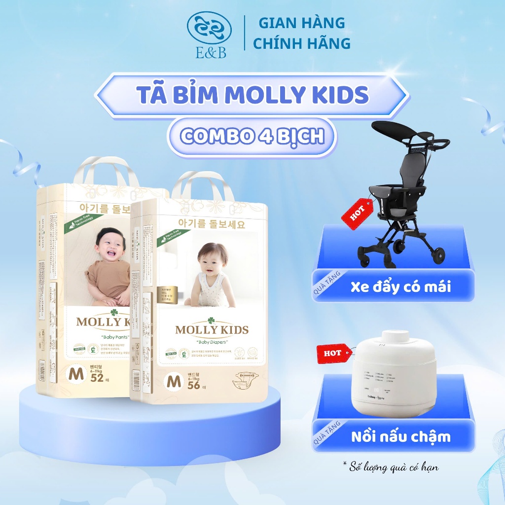 [CHÍNH HÃNG MUA 4 TẶNG QUÀ TUỲ CHỌN ] Tã Bỉm MOLLY KIDS Công Nghệ Hàn Quốc Thấm Hút Tốt, Chống Hăm, 