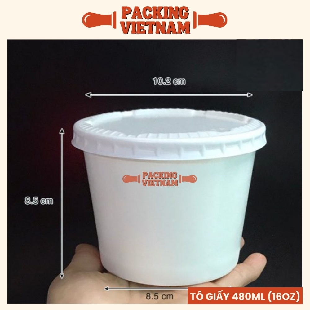 Set 50 tô giấy 500ml kèm nắp PP - Tô giấy đựng kem - Tô giấy 16 oz kèm nắp đựng đồ ăn