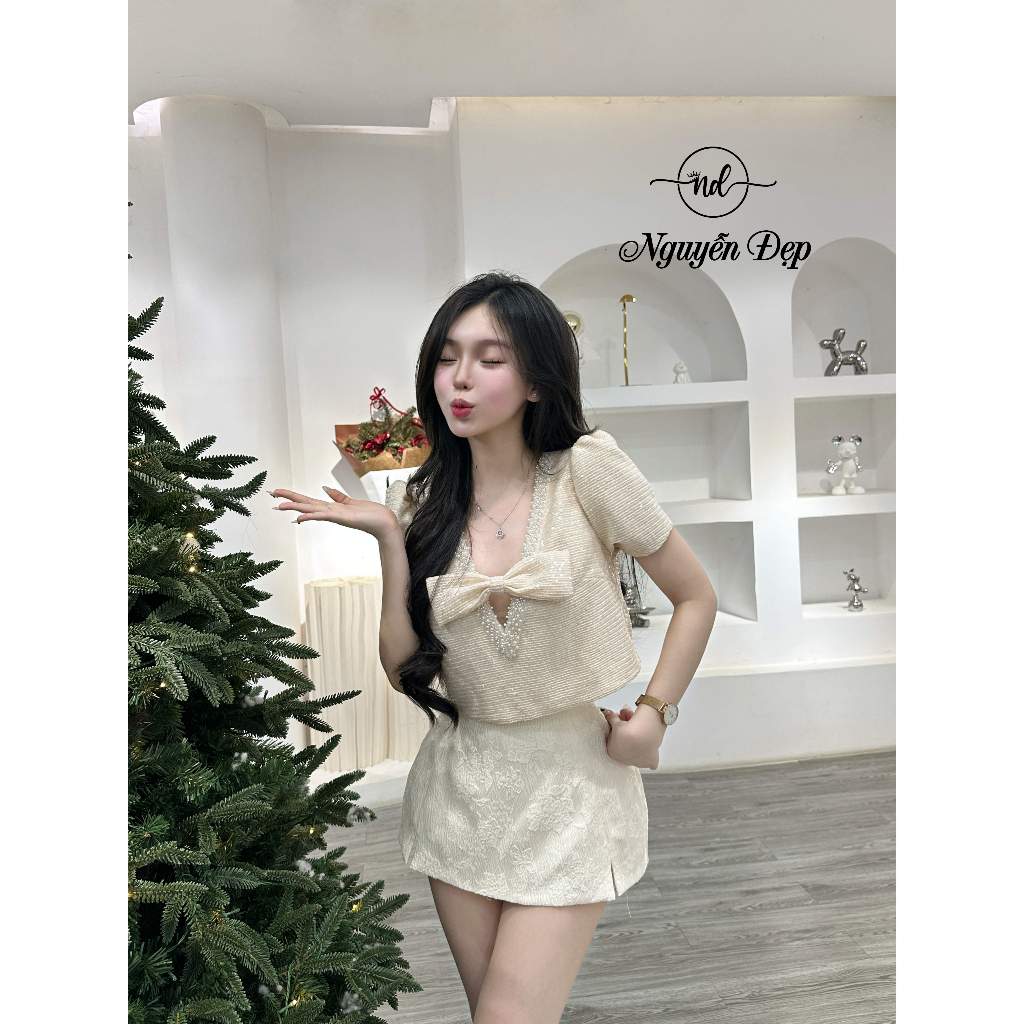 Set áo kim sa cổ V nơ kim sa phối cv gấm (L48)