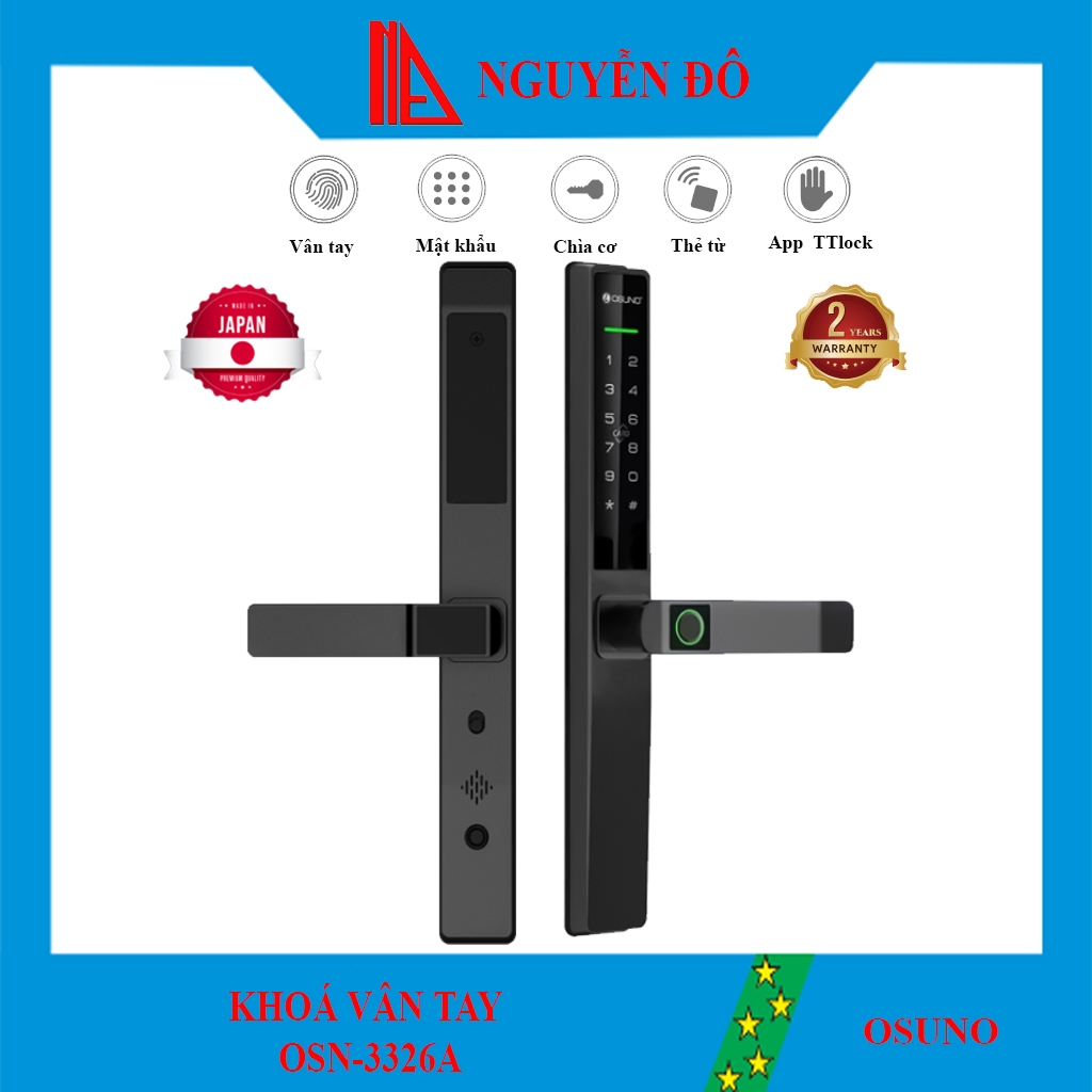 Khoá vân tay cửa nhôm OSUNO OSN-3326 tiêu chuẩn Nhật Bản 6 tính năng nổi bật, cảm biến vân tay live-