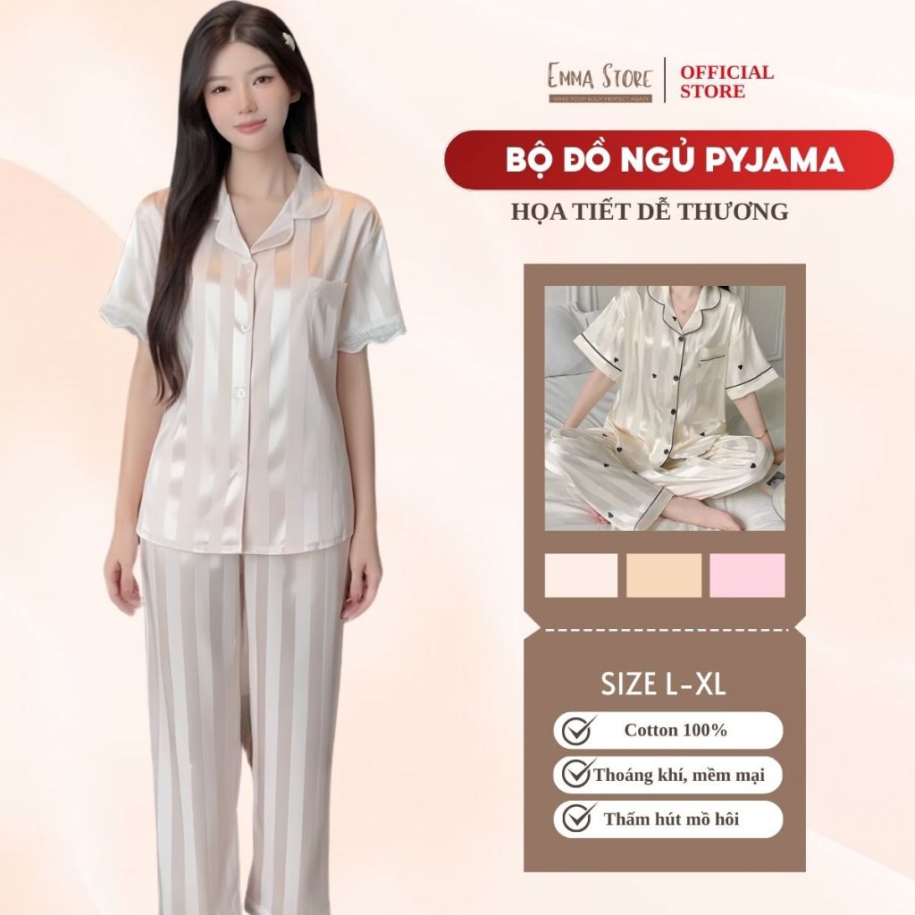 Bộ đồ ngủ Pyjama Emma Store cộc tay chất liệu cotton 100%, họa tiết dễ thương