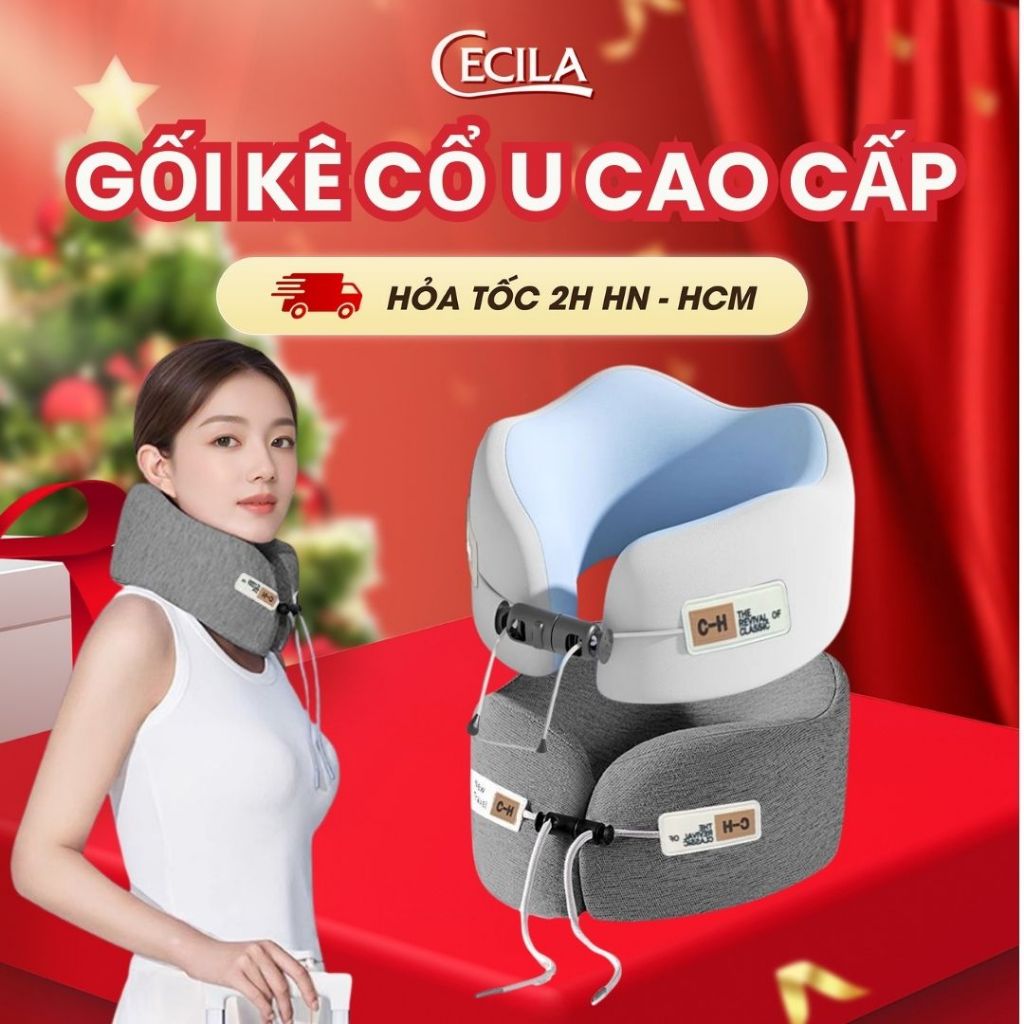 Gối kê cổ chữ U du lịch CECILA cao cấp mẫu mới thiết kế công thái học cao su non êm ái
