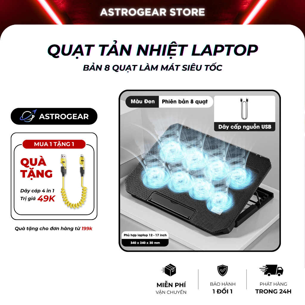 Đế Tản Nhiệt Laptop Q100 8 Quạt, Điều Chỉnh 4 Cấp Độ Cao, Không Tiếng Ồn, Giá Đỡ Laptop Tản Nhiệt