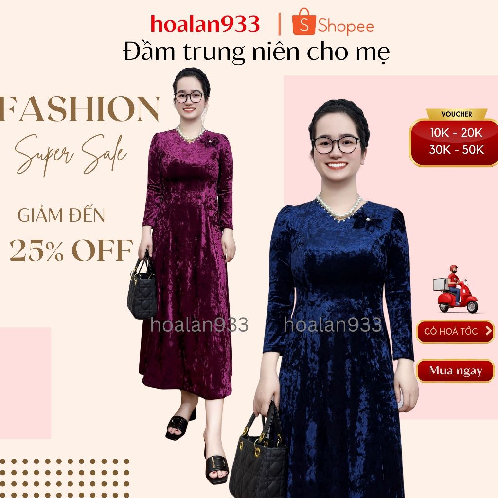 Đầm trung niên sang trọng, đầm nhung mềm mại họa tiết thêu bông hoa tặng mẹ ms903
