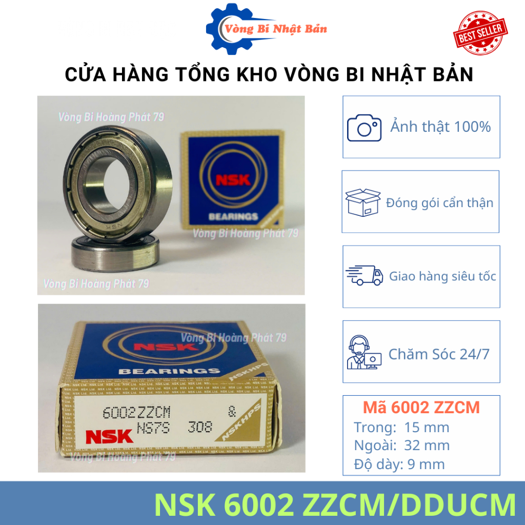Vòng bi bạc đạn NSK 6002 ZZCM, 6002 DDUCM kích thước15x32x9 chính hãng, chất lượng cao, giá sỉ