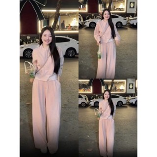  LIPU_Set đồ bộ nỉ hồng cổ đứng khóa kéo mix quần suông ống rộng tự may 