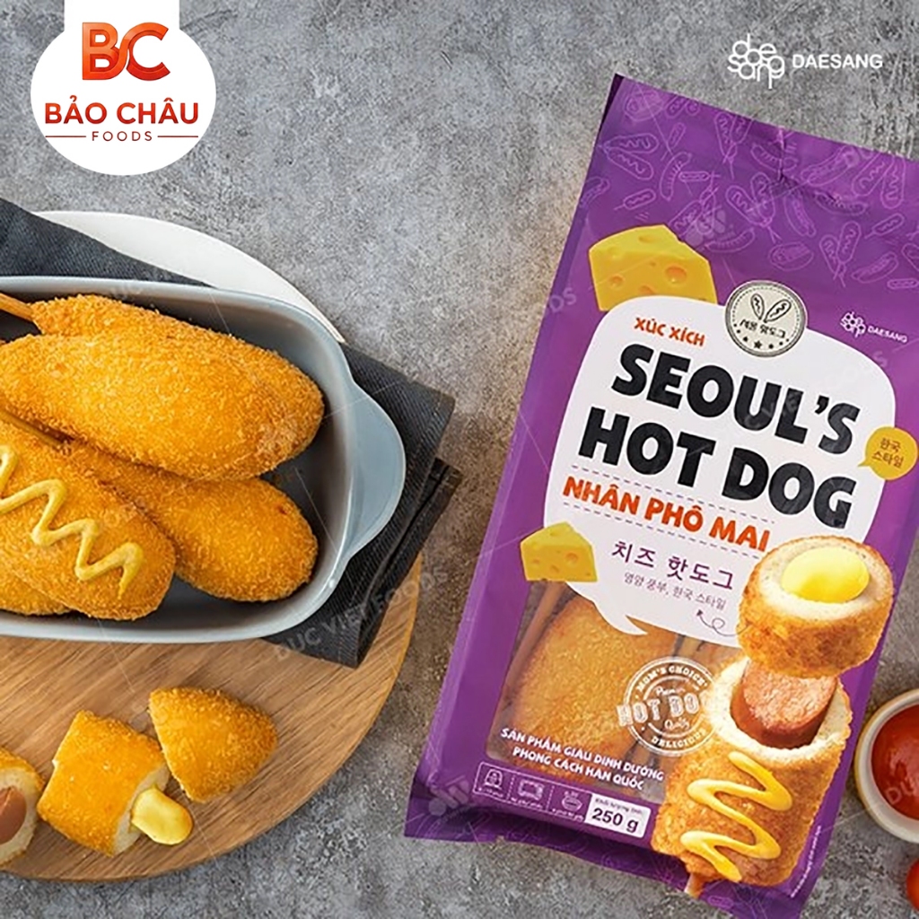 Gói 4 cây, Xúc xích Seoul's Hotdog nhân Phô Mai, Xúc xích Đức Việt, Gói 250gr.