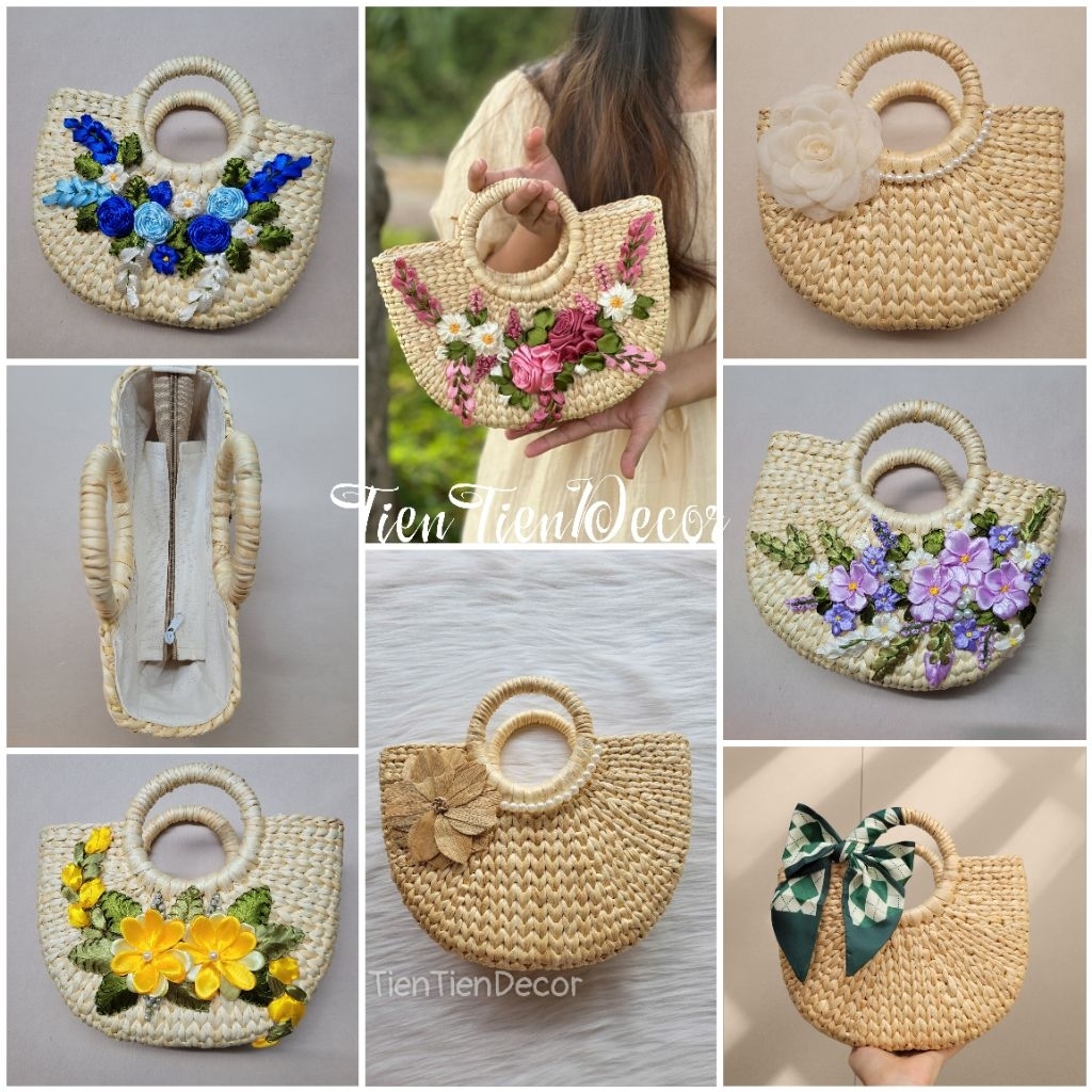  Túi cói lục bình handmade size 25 thêu hoa ruy băng 
